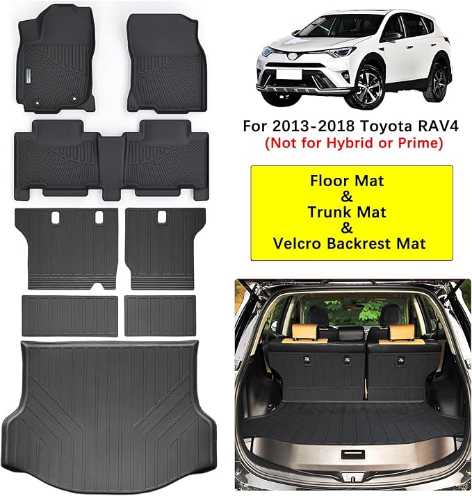 Floor Mats & Trunk Mat Backrest Mat for Toyota RAV4 2013-2017 2018（Not for Hybrid or Prime） TPE All Weather Protection 2 Rows Full Set Car Mats with Velcro Rear Seats Backrest