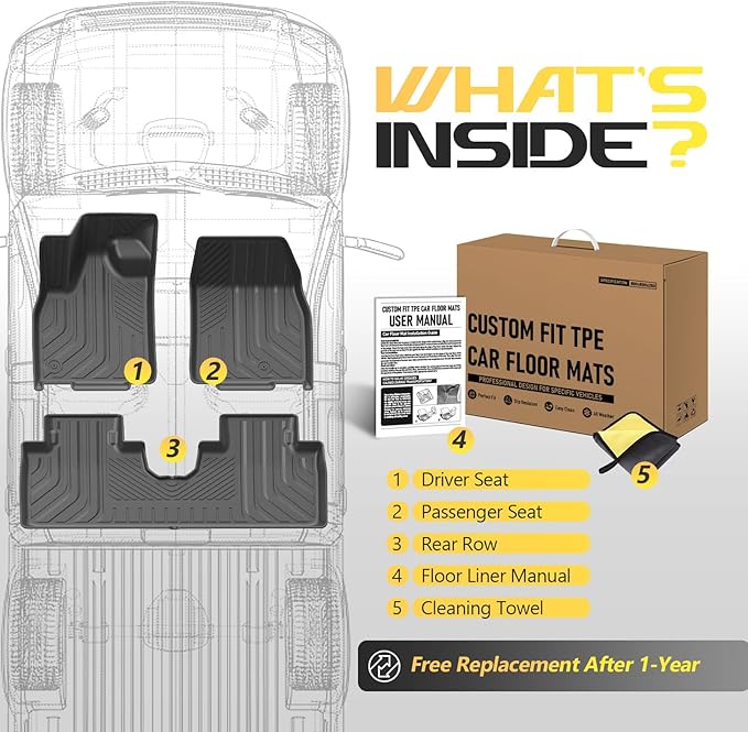 PWY Car Mats for Ford Mustang Mach E 2021-2025 (Not for Mustang), All Weather Custom Car Floor Mats Full Set, Heavy Duty TPE Floor Liners - Anti Slip & Waterproof, 3PCS Car Accessories Set, Black