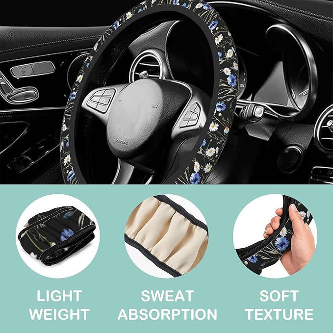 Watercolor Cornflower Daisy Floral Steering Wheel Cover for Women Men,Anti-Slip Breathable Car Steering Wheel Cover Elastic Protection with 2 Pieces Car Coasters,Universal 15" Fit Auto,Suvs,Truck