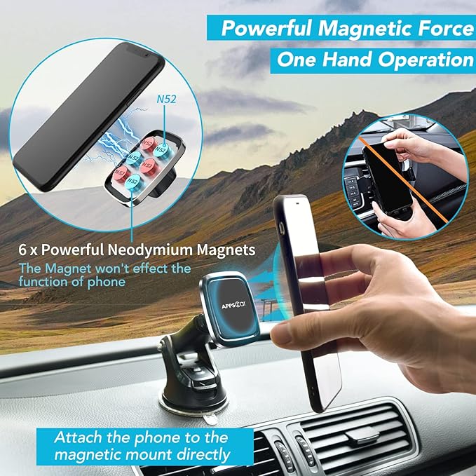 APPS2Car 3-in-1 Car Phone Mount Magnetic Dashboard Windshield Air Vent Mount Phone Holder for Car Universal Car Phone Holder with Powerful Suction Cup Built-in Strong 6 Magnets for All CellPhones