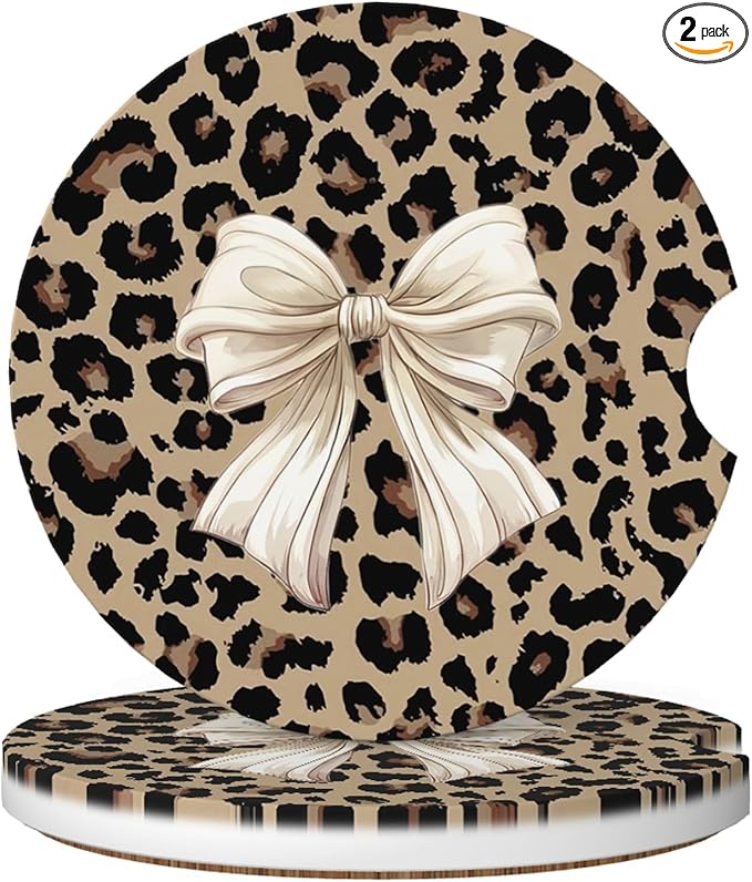 Absorbent Car Coasters for Cup Holders, 2 Pack Universal Anti Slip Ceramic Cup Coaster for Women Men 2.56 Inch Car Interior Accessories - Bow Tie Brown Leopard 007
