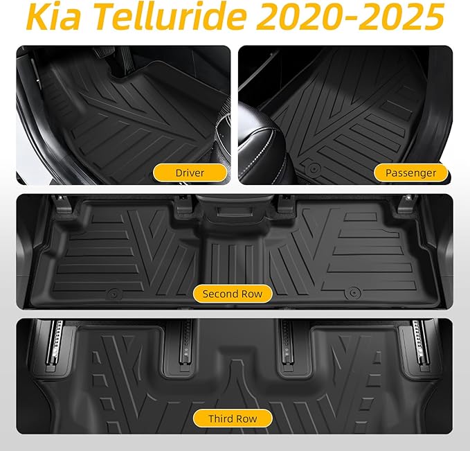 Floor Mats & Cargo Liner for Kia Telluride 2020–2024 2025 (7 & 8 Seat), All Weather Protection, Heavy Duty Floor Mats, Waterproof Car Mats, TPE, Custom Fit, Anti-Slip Car Accessories, Full Set, Black