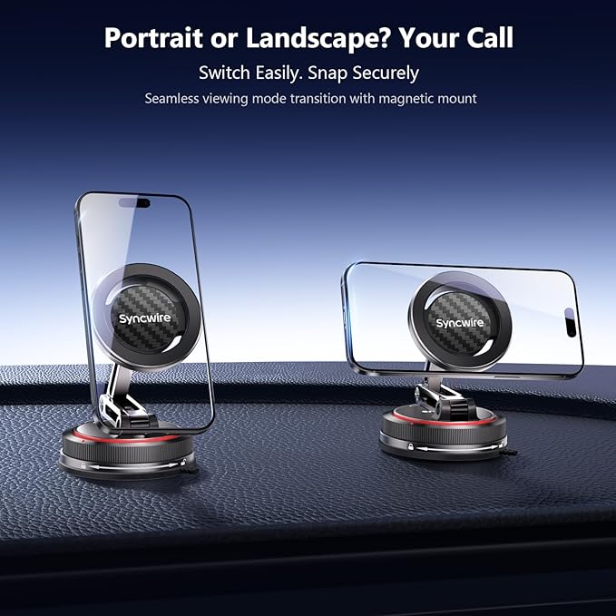 SYNCWIRE for MagSafe Car Mount [3-Axis] Nano Adhesive Gel + Strong Suction Cup Magnetic Phone Holder for Dashboard & Windshield, 360° Adjustable for iPhone 17 16 15 14 13 12, Samsung, Carbon Fiber
