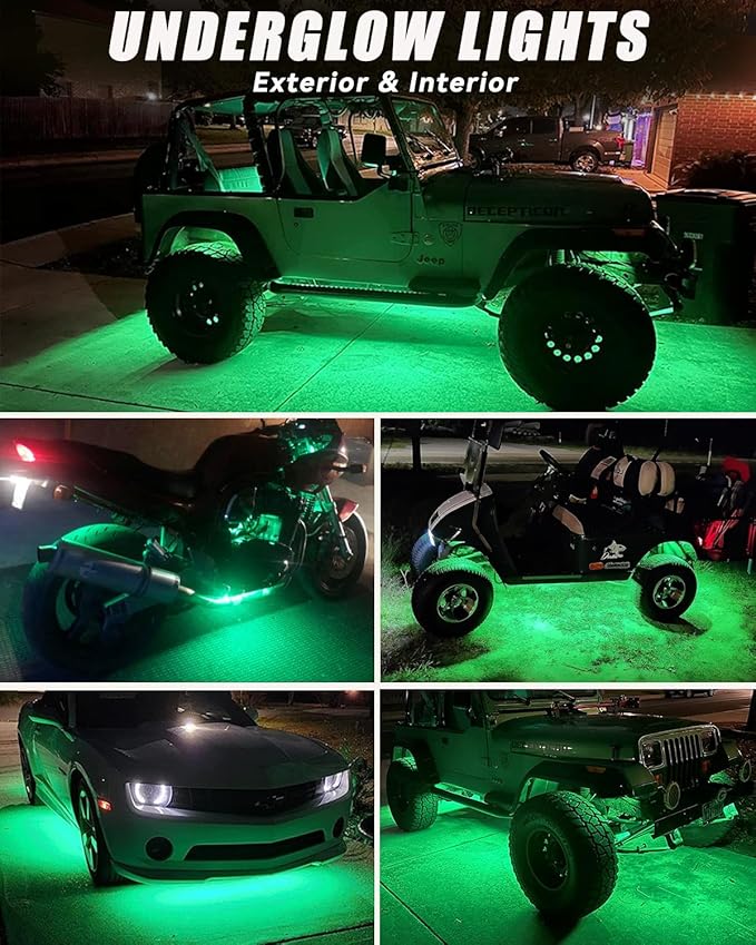 12V Led Light Strip 18" Connectable Green LEDs Strip Lights for Car Motorcycle Golf Cart Automotive Trucks Boat Marine Waterproof Led Light Strip, 4Pack