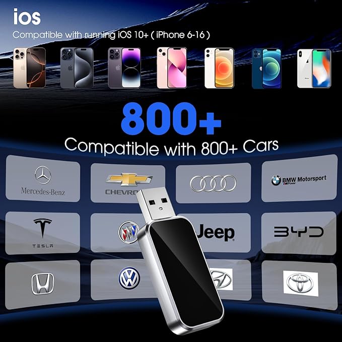 Wireless CarPlay Adapter 2025 Upgraded, Plug and Play, No Latency, Converts Factory Wired to Wireless, Compatible with iPhone (iOS 10 and Above) for Cars 2016+ - Black