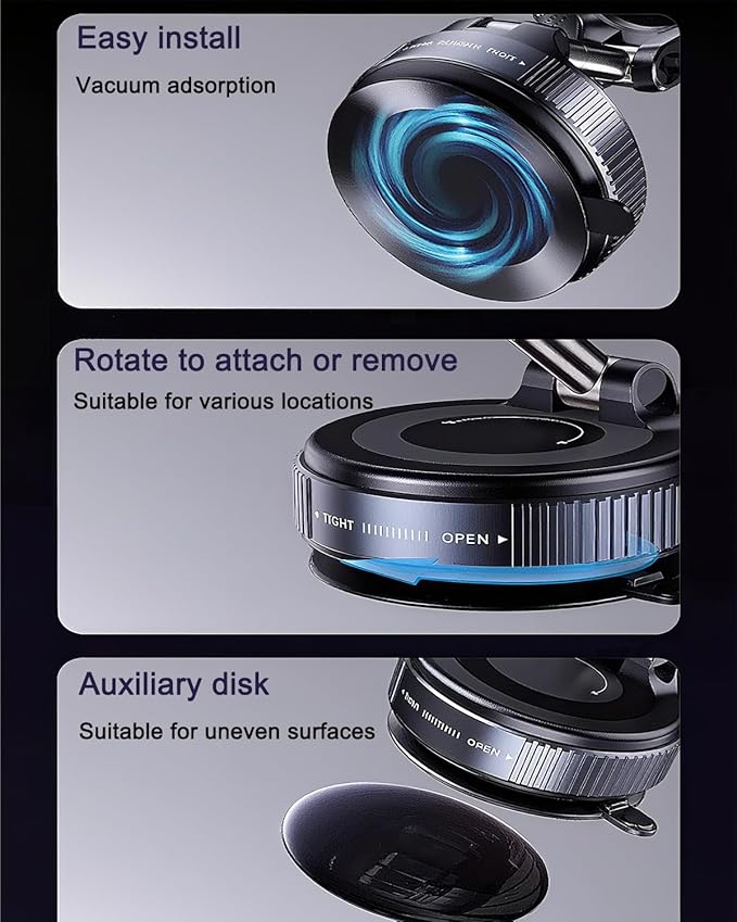 Spinning Vacuum Magnetic Phone Holder 15W Fast Wireless Charger for All Smartphones & All Car Models Holds Like Glue on Bumpy Roads! FCC Certified car Phone Mount Magnetic