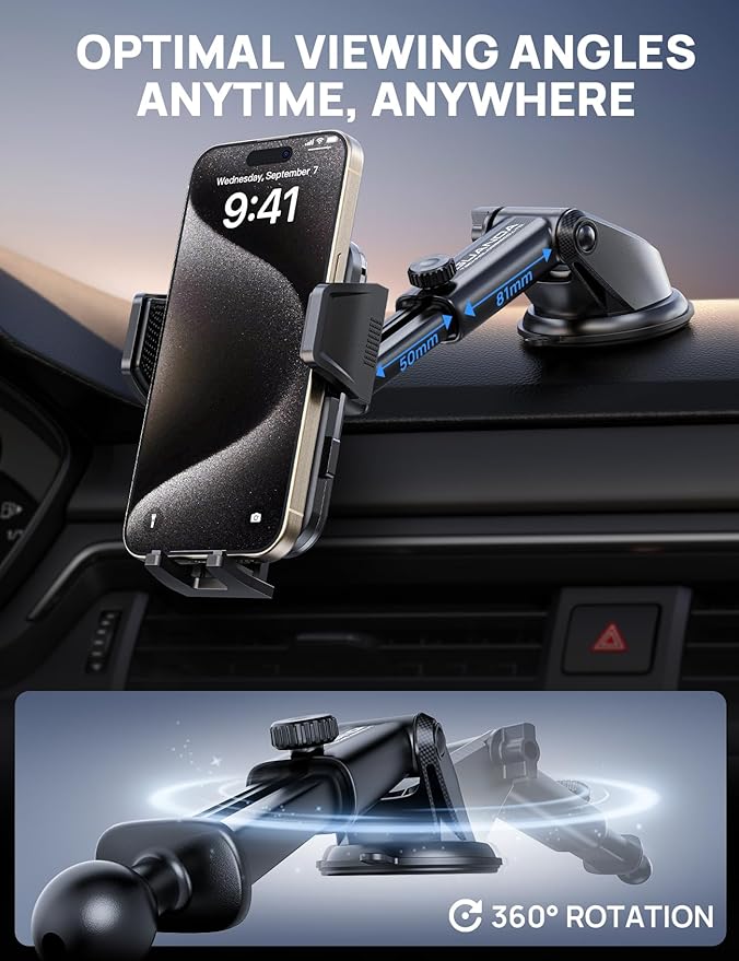 [2025 New] Dashboard Phone Holders for Your Car (+Air Vent Clip) [Military Grade Stable] , Car Cell Phone Holder, Rotatable Suction Cup Car Phone Mount for All Phone (Diamond Black)
