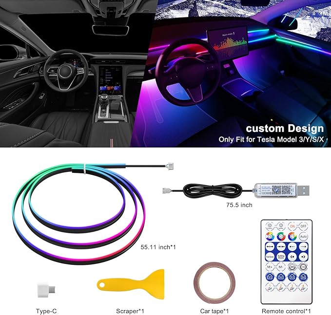 Dreamcolor Acrylic Interior Car LED Strip Light, 55.1 inches Fiber Optic Ambient Lighting Kits, 16 Million Colors Sound Active Function Neon LED Strip for Car