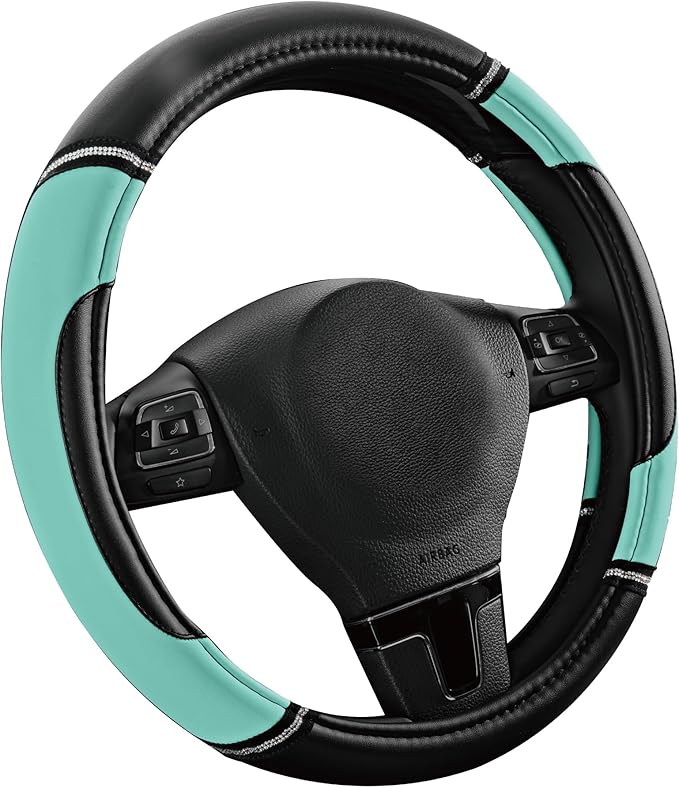 Road Comforts Leather Steering Wheel Cover - Made with PVC Leather - Anti-Slip, Universal Fit 14 1/2 inches to 15 inches - Mint