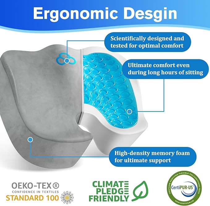 Seat Cushion, Chair Cushions, Office Chair Cushions, Anti-Slip Bottom & Removable Cover Tailbone Pain Relief Cushion, Memory Foam Seat Cushion for Office, Wheelchair, Car (Light Grey)