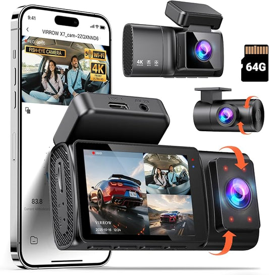 3 Channel Dash Cam: 4K+1080P+1080P-Dash Cam Front and Rear Inside with Free 64GB Card & 5GHz WiFi - Dash Camera for Cars with IR Night Vision APP Control Parking Mode G-Sensor Loop Recording(X7)