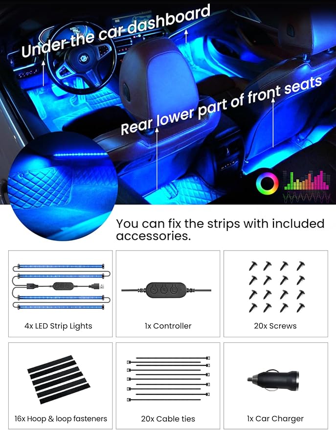 Pak Car LED Lights, Smart RGB 48 LED Car Interior Light with APP Control, Under Dash Car Strip Lights, Music Mode, DIY Mode, 2 Lines Design with Car Charger, Ambient Lighting for Cars, SUVs, Trucks