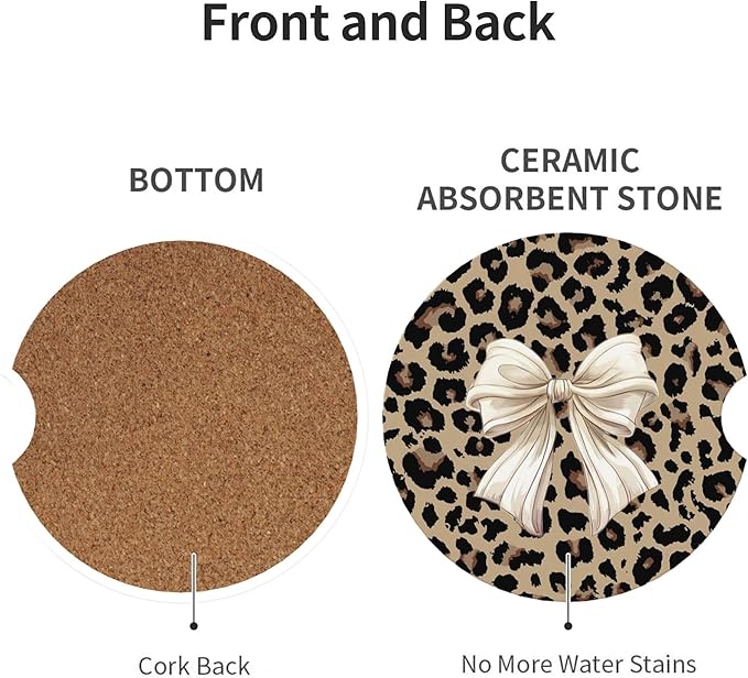 Absorbent Car Coasters for Cup Holders, 2 Pack Universal Anti Slip Ceramic Cup Coaster for Women Men 2.56 Inch Car Interior Accessories - Bow Tie Brown Leopard 007