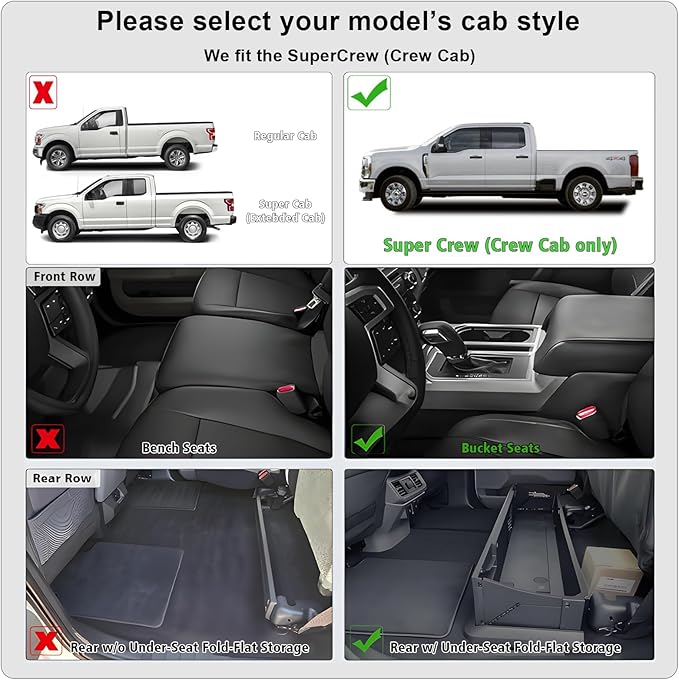 All Weather Floor Mats for 2017-2026 Ford F250/F350/F450 SuperCrew Cab with Rear Under Seat Storage, TPE Rubber Floor Liners Anti-Slip Full Set Automotive Mats for 2024 2025 F250/F350/F450 Accessories