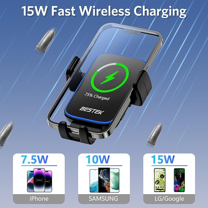 Wireless Car Charger, BESTEK 15W Fast Charging Auto Clamping Car Phone Holder with QC3.0 Car Charger, Air Vent Car Phone Mount Compatible with iPhone 15/14/13/12/X/8 Series, Samsung, LG,Google