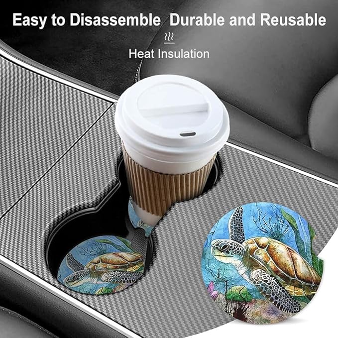 Sea Turtle Lonely Swim Oil Painting in Ocean Absorbent Cup Holders Car Coasters,Ceramic Stone Drinks Coaster Set for Women Man 2.56"(2 Pack)