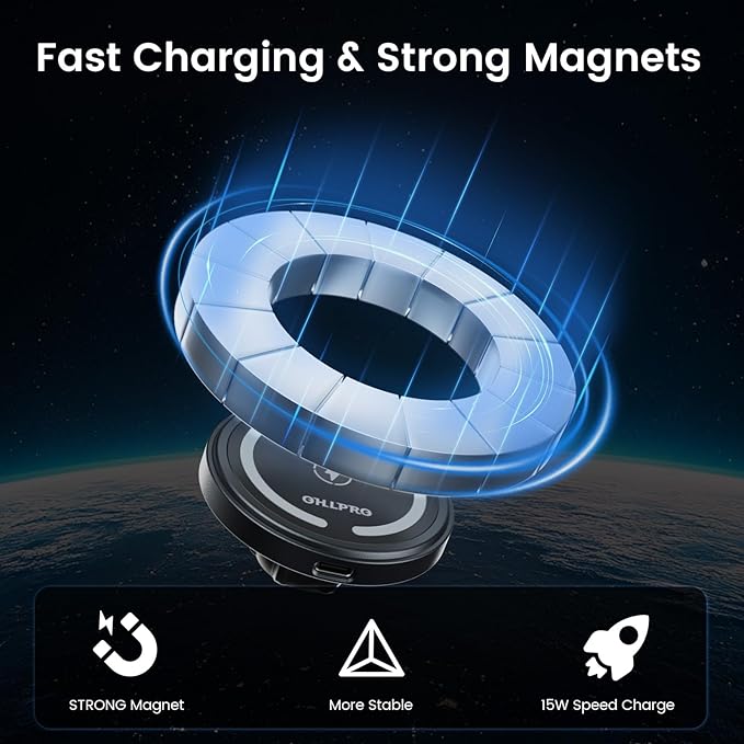 OHLPRO for 15W MagSafe Car Mount Charger for iPhone 17, Fast Wireless Charging, Magnetic CD Slot Holder with 3M Adhesive Base for Dashboard, Aluminum Shell, Compatible with iPhone 16 15 14 13 Series