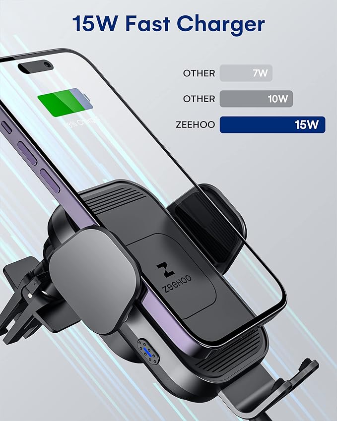 ZeeHoo Wireless Car Charger, 15w Fast Charging, Auto Clamping Car Phone Mount, Cell Phone Holder Charger, for iPhone 17 16 15 14 13 12 11 Pro Max Xs, Samsung Galaxy S23+ S22, Etc.(Grey)