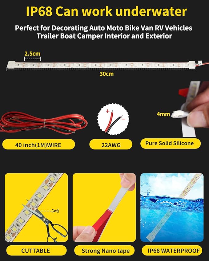 YM E-Bright Car Led Strip Lights for Golf Cart Underglow Motorcycles Marine Boat Kayak Interior Exterior 36SMD Waterproof IP68 Upgrade Solid Silicone 12V 12inch Yellow (Pack of 4)