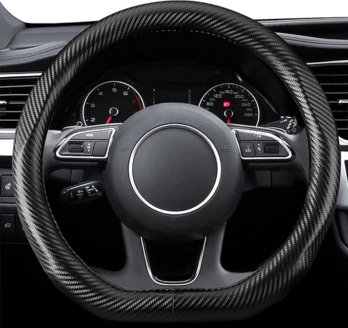 Ergocar Carbon Fiber Material Steering Wheel Cover Anti-Slip Breathable Sweat Absorbent Fashionable Sport Steering Wheel Sleeve for D-Shaped Diameter 15"（37.5-38cm）-Black