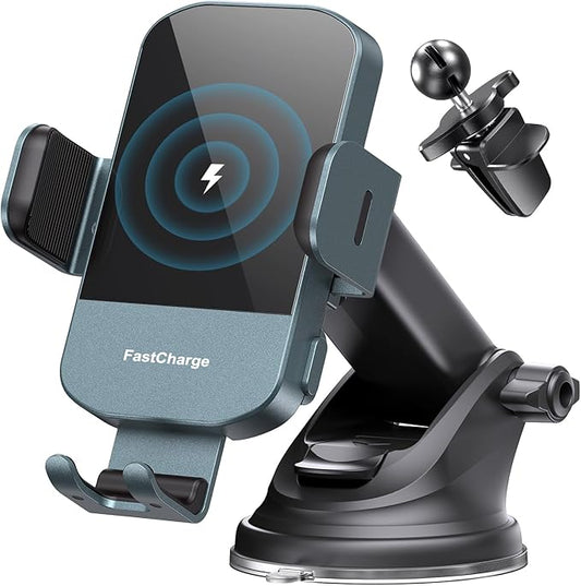 CHGeek Wireless Car Charger, 15W Fast Charging Auto Clamping Car Charger Phone Mount Phone Holder fit for iPhone 15 14 13 12 11 Pro Max Xs, Samsung Galaxy S25 Ultra S24 S23 S22, S21, S20, Green