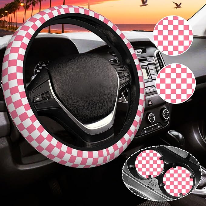 Pink Checkered Steering Wheel Cover for Women,Universal Auto Steering Wheel 14-15 Inch Car Interior Accessories with 2PCS Car Coasters,Suitable for Men and Women