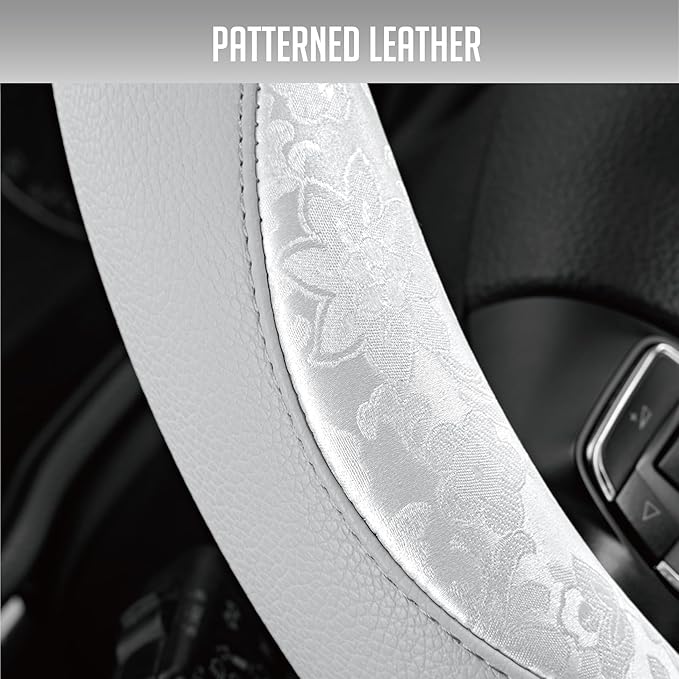 PIC AUTO Steering Wheel Cover, Silver Patterned Leather Patchwork Design, Universal Fit 14.5"–15.5", Anti-Slip, Odor-Free, Soft PU Grain Leather, Durable Grip Car Accessory for Girls & Women