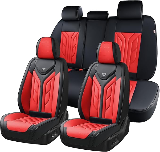 Coverado Car Seat Covers Full Set, Automotive Seat Covers Car Seat Protector Car Seat Cushion, Waterproof Leather Seat Covers for Cars, Universal Fit for Most Sedans SUV Pick-up Truck(Black&Red)