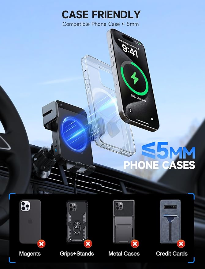 Wireless Car Charger, MOKPR 15W Auto Clamping Car Charger Dash Windshield Air Vent Phone Holder Compatible with iPhone 16 15 14/13/13 Pro/12 pro/12/11/X/8, Samsung S24/S23/S22