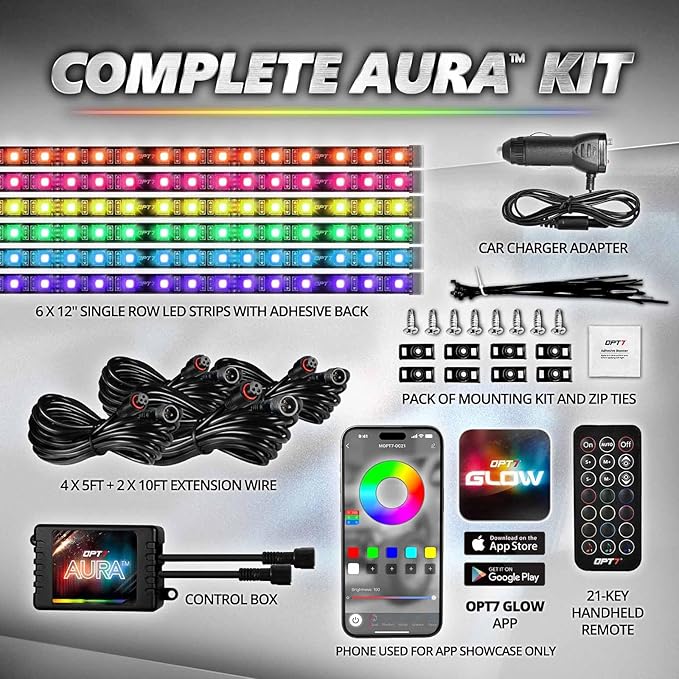 OPT7 Aura Pro 6PC Interior Lights for Truck SUV RV with App & Remote Control, Multicolor Mode, Music Sync Neon Accent Lighting Kit, Under Dash Decor, 12V Car Charger, Single Row LED Strip