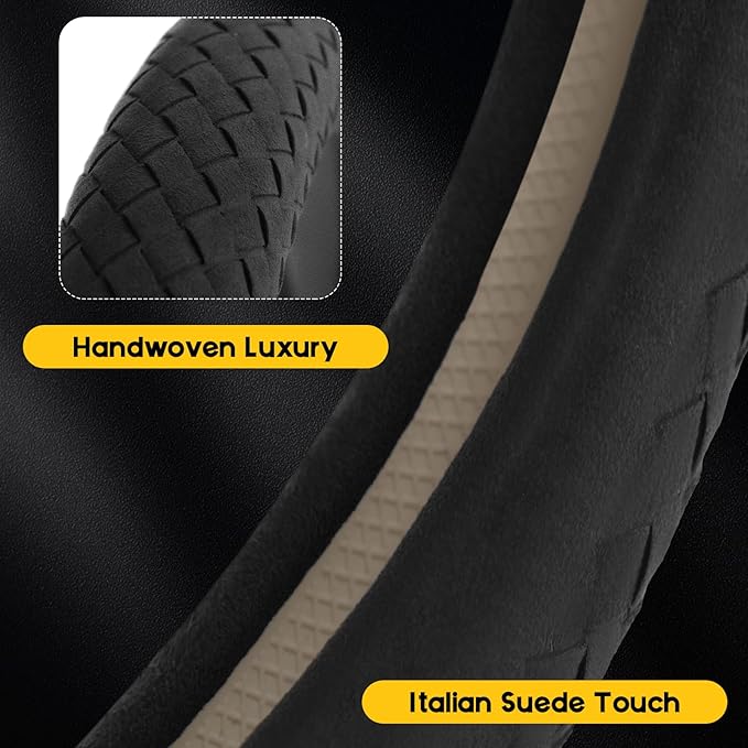 Suede Steering Wheel Cover with Upgraded Silicone Inner Ring, Breathable, Anti-Slip, Leather Universal 14.5 to 15 Inch Steering Wheel Cover (Black with Handwoven Craft)