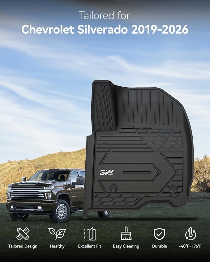 3W Floor Mats Fit for 2019-2024 2025 Chevy Silverado/GMC Sierra 1500 & 2020-2024 2025 Chevrolet Silverado/GMC Sierra 2500 HD/3500HD Crew Cab TPE All Weather Custom Fit, with Factory Carpeted Storage