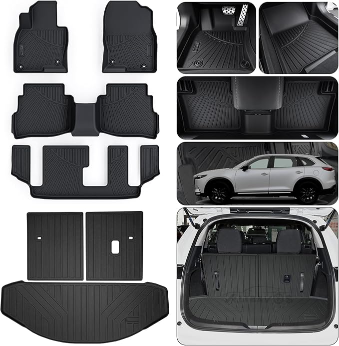 Floor Mats & Trunk Mat (Only Fit Sport Version) for 2016-2022 2023 Mazda CX-9 CX9 (7 Seats-2 Row Bench Seat),TPE All Weather Protection Floor Liners & Cargo Liners & Backrest Mat