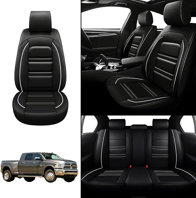 Seat Covers for Dodge ram 3500 2004-2011 | 5-Seats Leather Seat Covers, Easy to Install Automotive Seat Covers Full Set (Full Set, Black&White Line)