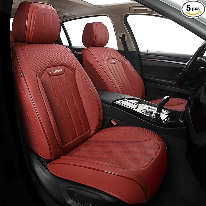Red Car Seat Covers Full Set, Universal Leather Seat Cover for Cars 5 Seats, Waterproof and Breathable Automotive Seat Cover Front and Rear Seat Covers for Most Trucks, Sedans, SUVs