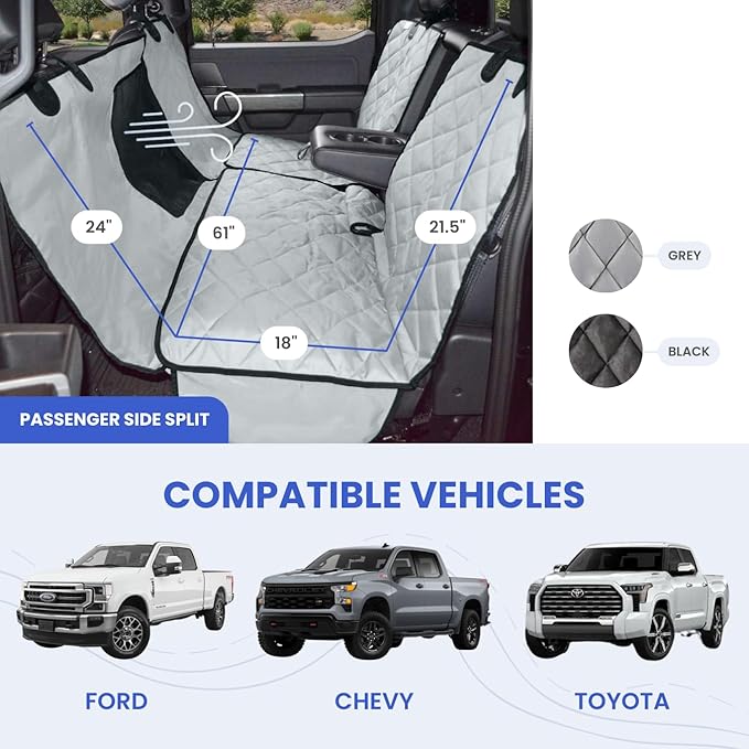 4Knines New Crew Cab Truck Pet Seat Cover for Back Seat with Split-Tech, Dog Hammock & Mesh Window – Heavy Duty Dog Hammock for Trucks with Split Bench Seats (Grey, Passenger Side)