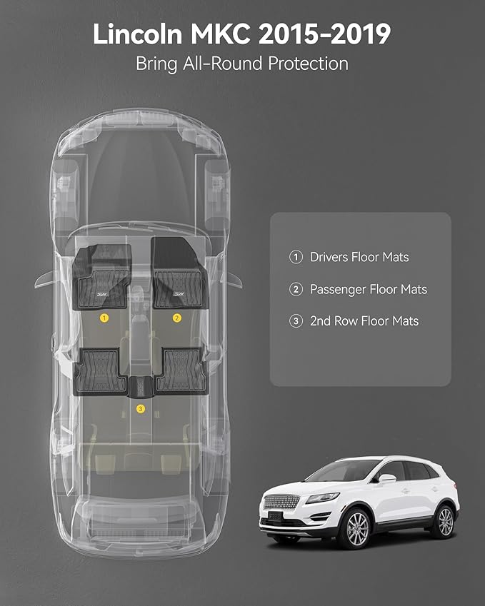 3W Floor Mats Compatible for Lincoln MKC 2015-2019, TPE All Weather Floor Liner Custom Fit 1st and 2nd Rows Full Set Car Liners - Black