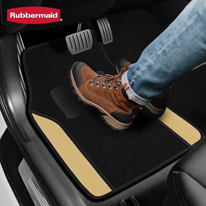 Rubbermaid Car Mats, Carpeted Floor Car Mat with Faux Leather & Built-in Heel Pad, Two-Tone Car Rug Floor Mats, Stylish Carpeted Floor Mats for Cars, Trucks & SUVs Beige Color