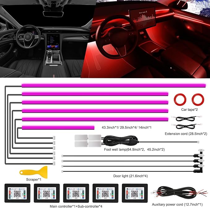 Acrylic Interior Car LED Strip Light with Wireless APP, 14 in 1 with 175 inches 593 LEDs Neon LED Strip Light, RGB Colors Dynamic Music Sync Car Ambient Lighting Kits