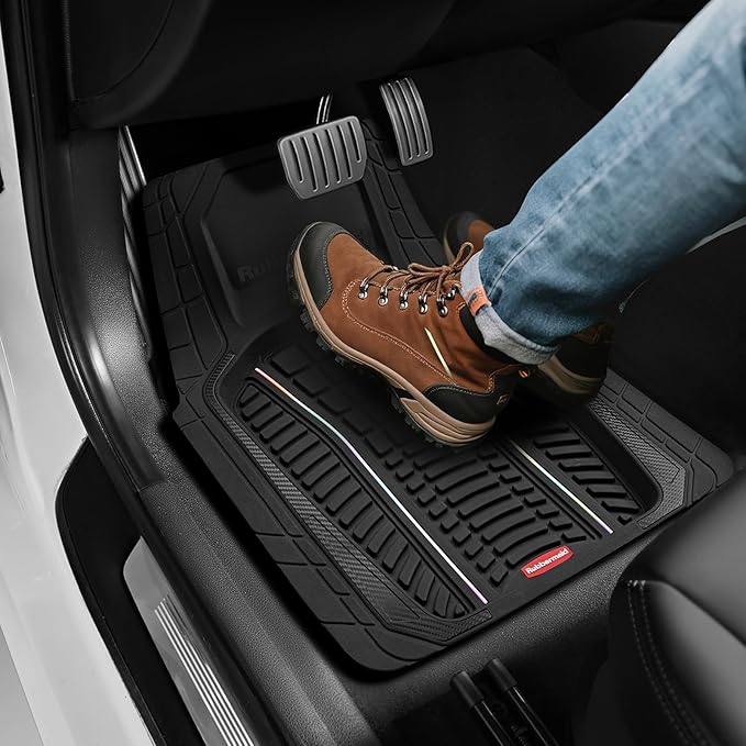 Rubbermaid Car Floor Mats Full Set – Premium All-Weather Car Mat with Brushed Aluminum Inserts, Universal Trim-to-Fit Design, Anti-Slip Backing for Cars, SUVs, Trucks, and Vans