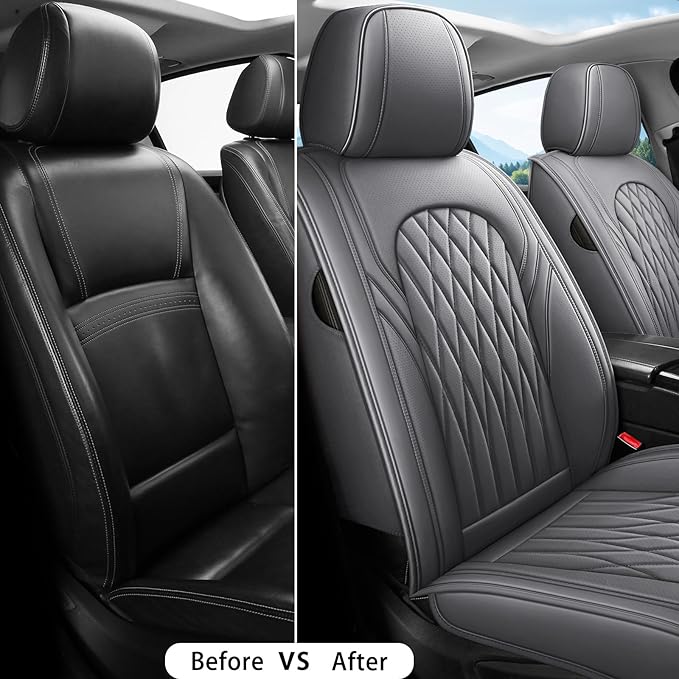 WELLDO Car Seat Covers Front Seats, Leather Seat Covers for Cars, Front Car Seat Protector Waterproof, Non-Slip Car Interior Covers Universal Automotive Seat Covers for Most Vehicle, Gray