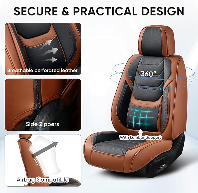 Leather Car Seat Covers Full Set with Lumbar Support, Waterproof Car Seat Cover, Universal Seat Covers for Cars, Trucks, SUVs, Sedans, Pickups, Airbag Compatible, Front Pair, Brown&Black