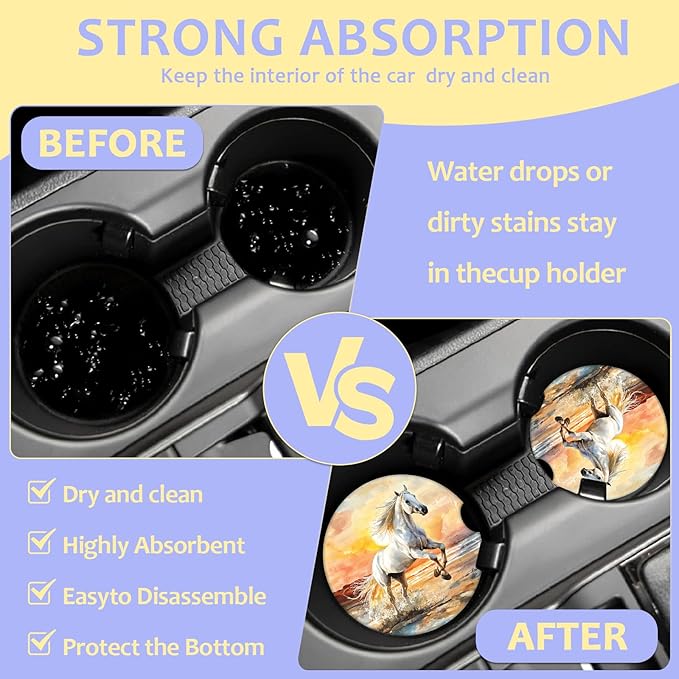 2 Pack Car Cup Holder Coaster-White Horse Running Absorbent Ceramic Coaster, Car Coasters for Cup Holders,Auto Accessories for Women & Men