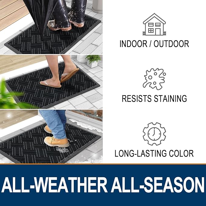 OLANLY Indoor Outdoor Mat, Sturdy Natural Rubber Floor Mat, Non Slip Low Profile Waterproof Doormat, and Stain Front Door Mats, Easy Clean Patio Entrance Mat, 36''x24'', Black
