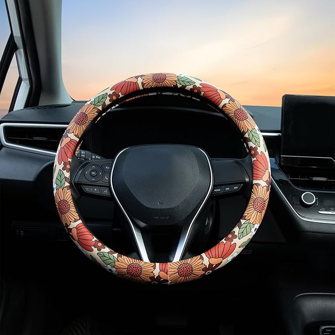 Sunflower Retro Steering Wheel Cover Auto Jacquard Steering Wheel Protector, Anti-Slip, Breathable, Absorbing Sweat, Universal Car Accessories 14.5–15 inch,Fit for Most Car, Trucks, SUV