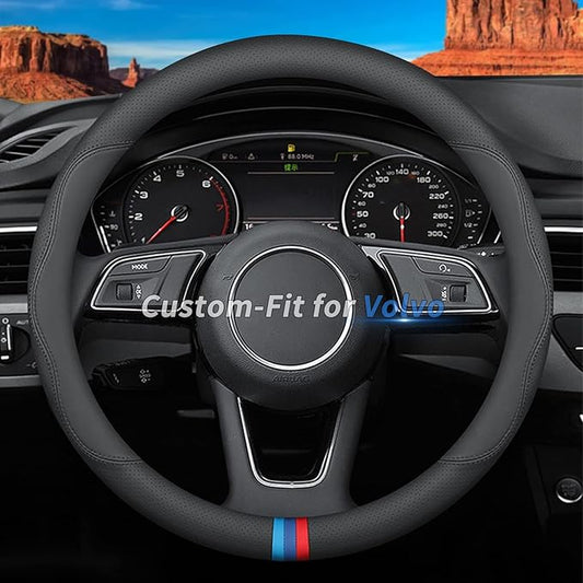 Custom-Fit for Volvo Steering Wheel Cover, Premium Leather Car Steering Wheel Cover with Logo, Non-Slip, Breathable (A-Style,for Volvo)
