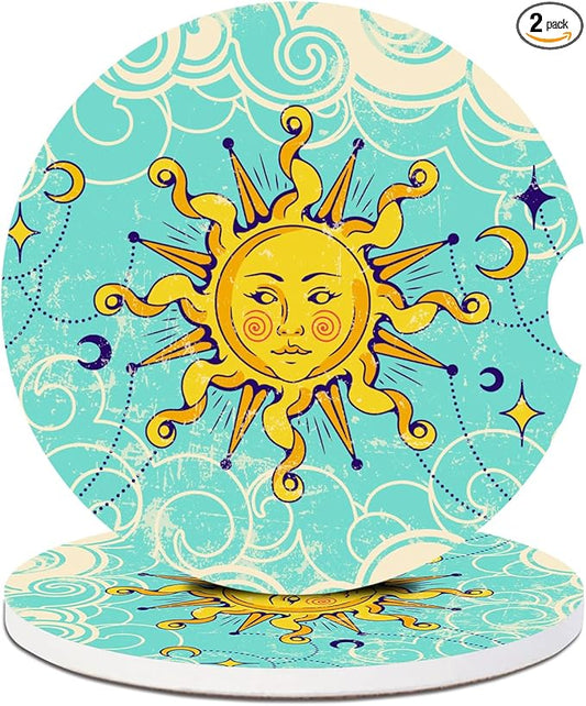 2 Pack Car Cup Holder Coaster-Boho Sun Moon Absorbent Ceramic Coaster, Car Coasters for Cup Holders,Auto Accessories for Women & Men
