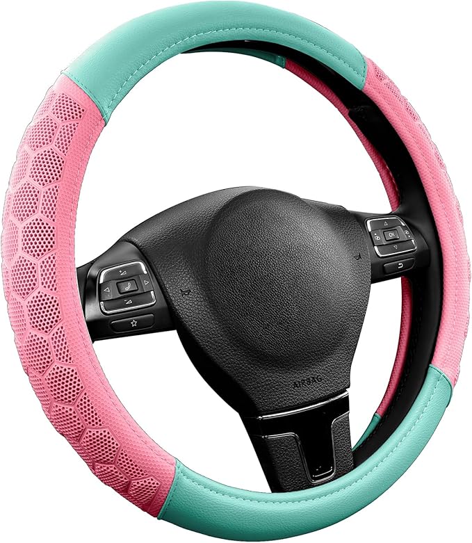 PIC AUTO Massage Steering Wheel Cover, Pink Football Pattern Material Spliced & Light Green Leather Car Steering Wheel Cover, Car Steering Cover, Universal Fit 14.5"-15.5" for Cars, Trucks, Van, SUVs