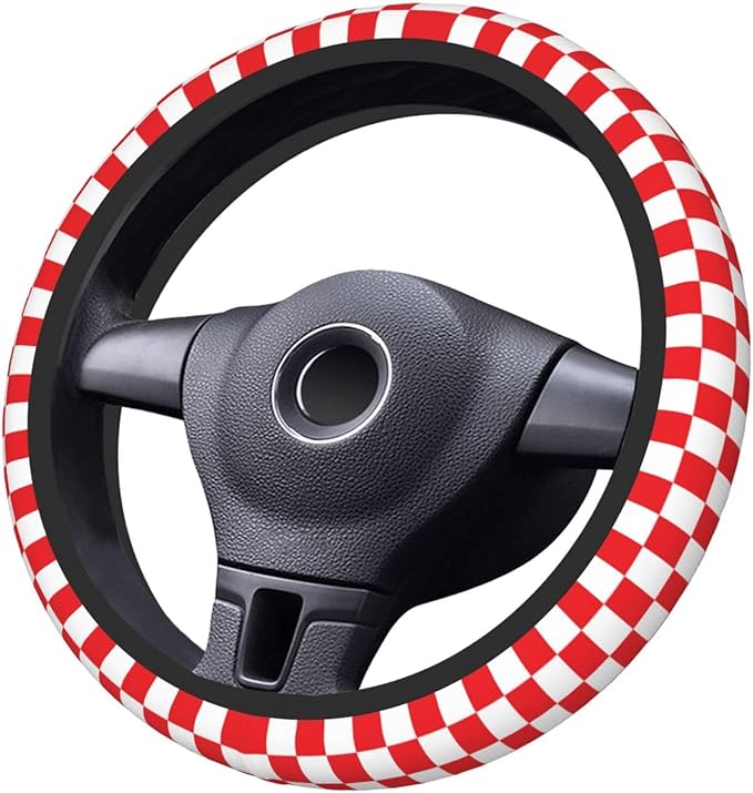 Red and White Checkered Steering Wheel Cover for Women, Universal Auto Steering Wheel 14-15 Inch Car Interior Accessories with 2PCS Car Coasters, Suitable for Men and Women