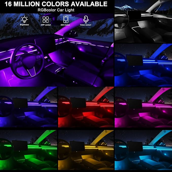 Acrylic Interior Car LED Strip Light with Wireless APP, 14 in 1 with 175 inches 593 LEDs Neon LED Strip Light, RGB Colors Dynamic Music Sync Car Ambient Lighting Kits